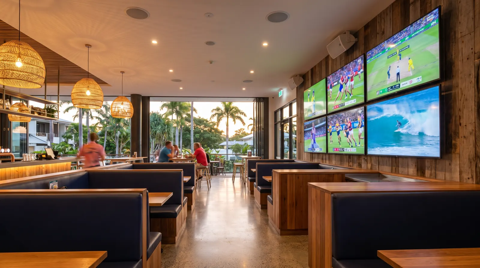 A row of large screens above a bar showing sport, with pendant lighting over the counter