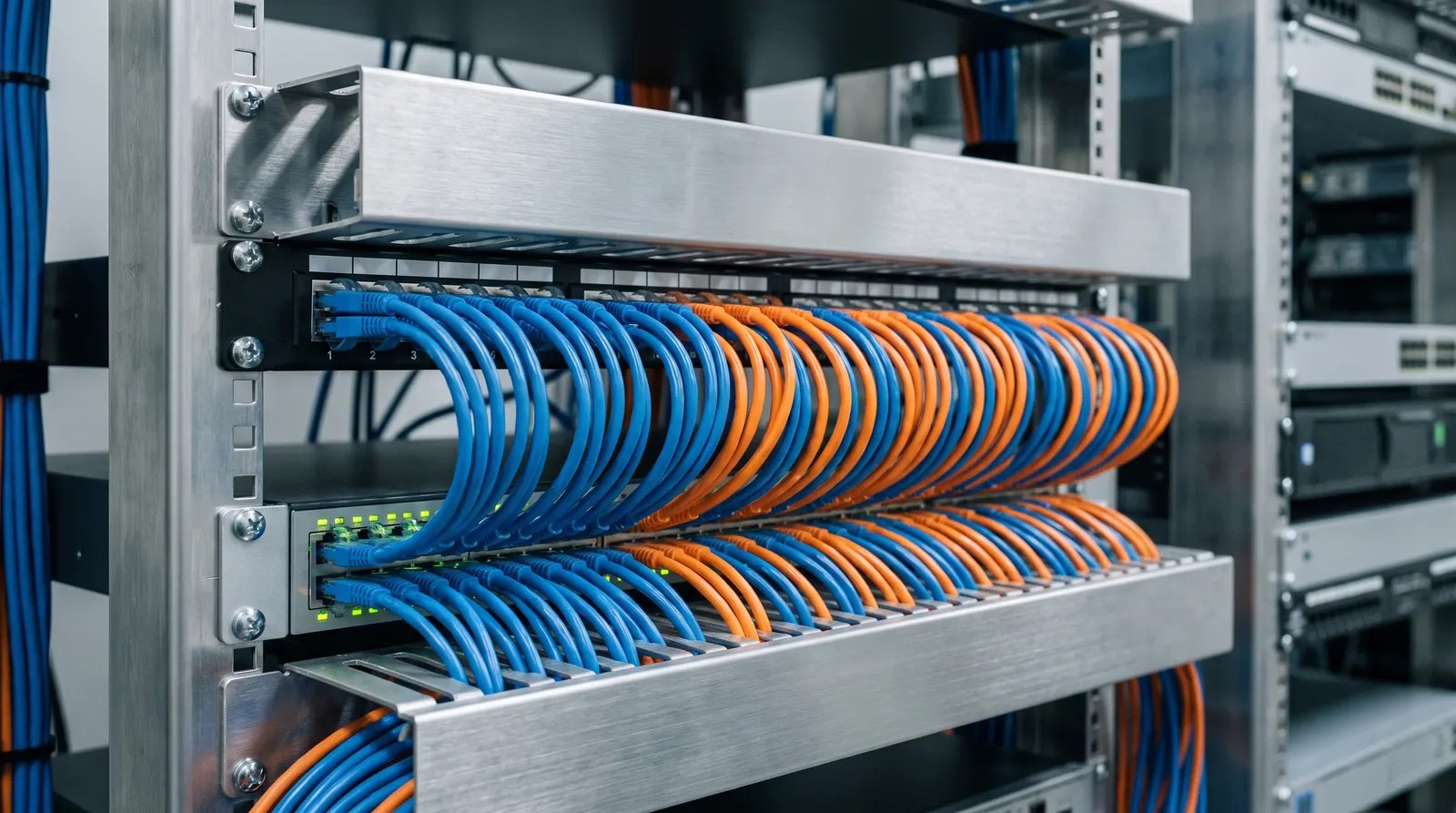 A neatly terminated network rack with labelled patch leads and switches